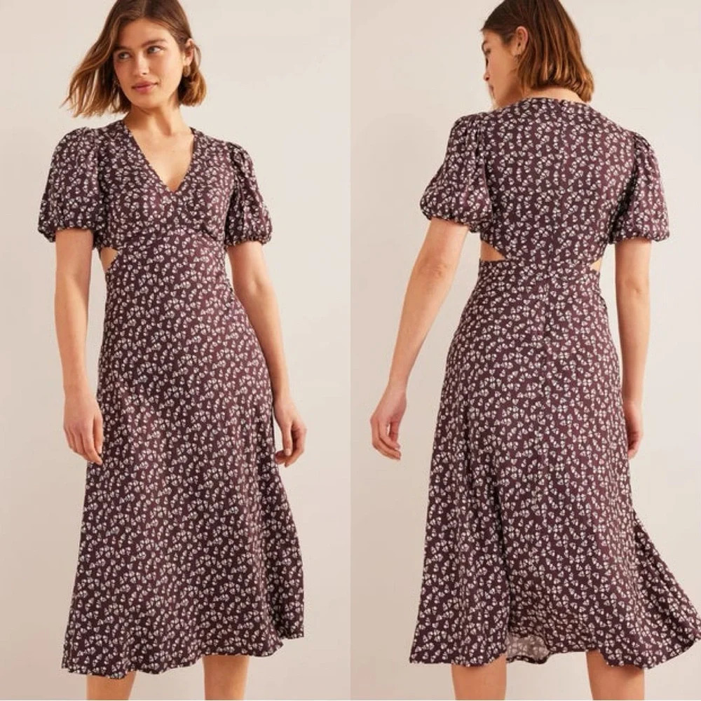 NWT Boden Cut Out Midi Tea Dress Shortsleeve Dark Burgundy Sweet Daisy Size 14R
